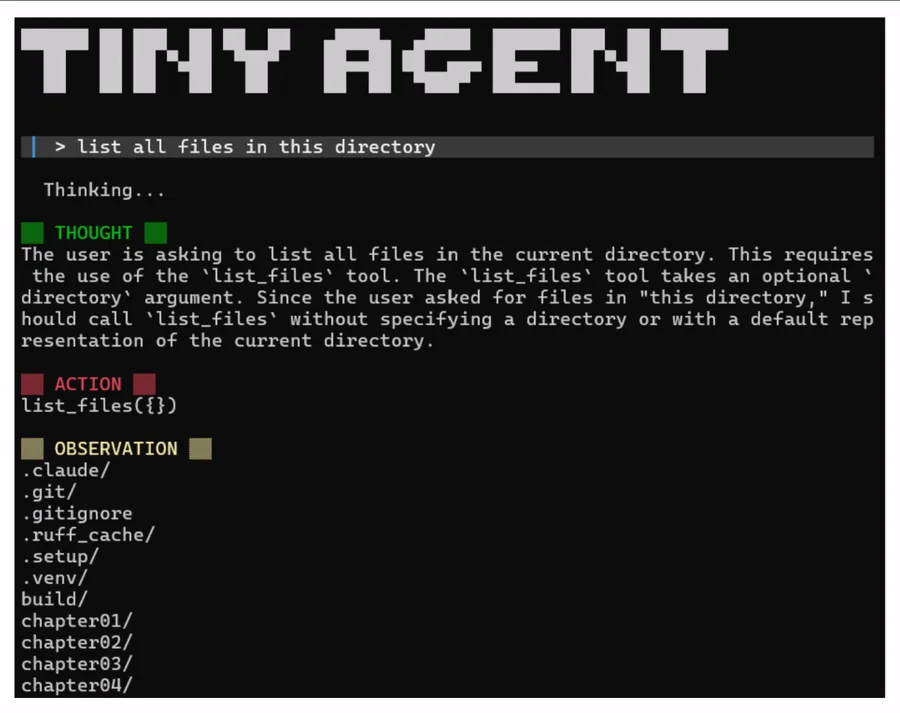 TinyAgent showing its thought, action, and observation trace in a terminal
